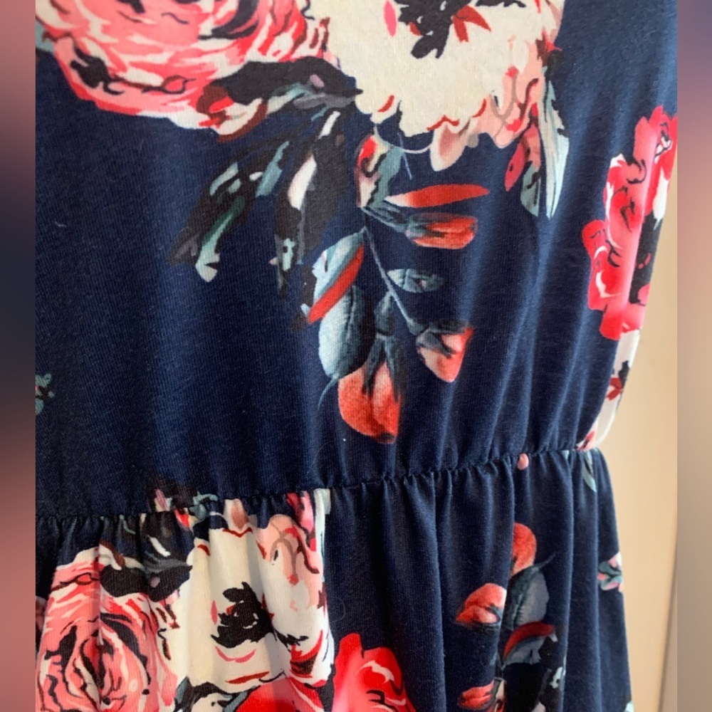 Navy Pink Floral Dress Medium Ours Stretchy Mini MIDI Flower Rose Sundress NEW - Picture 3 of 9
